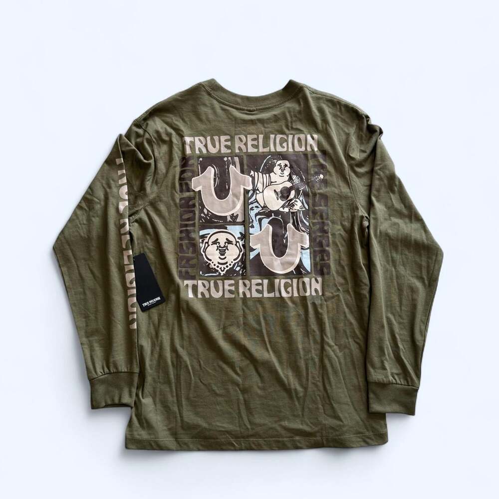 True Religion Brand Jeans Long Sleeve Shirt NWT Small Olive Buddha Graphic